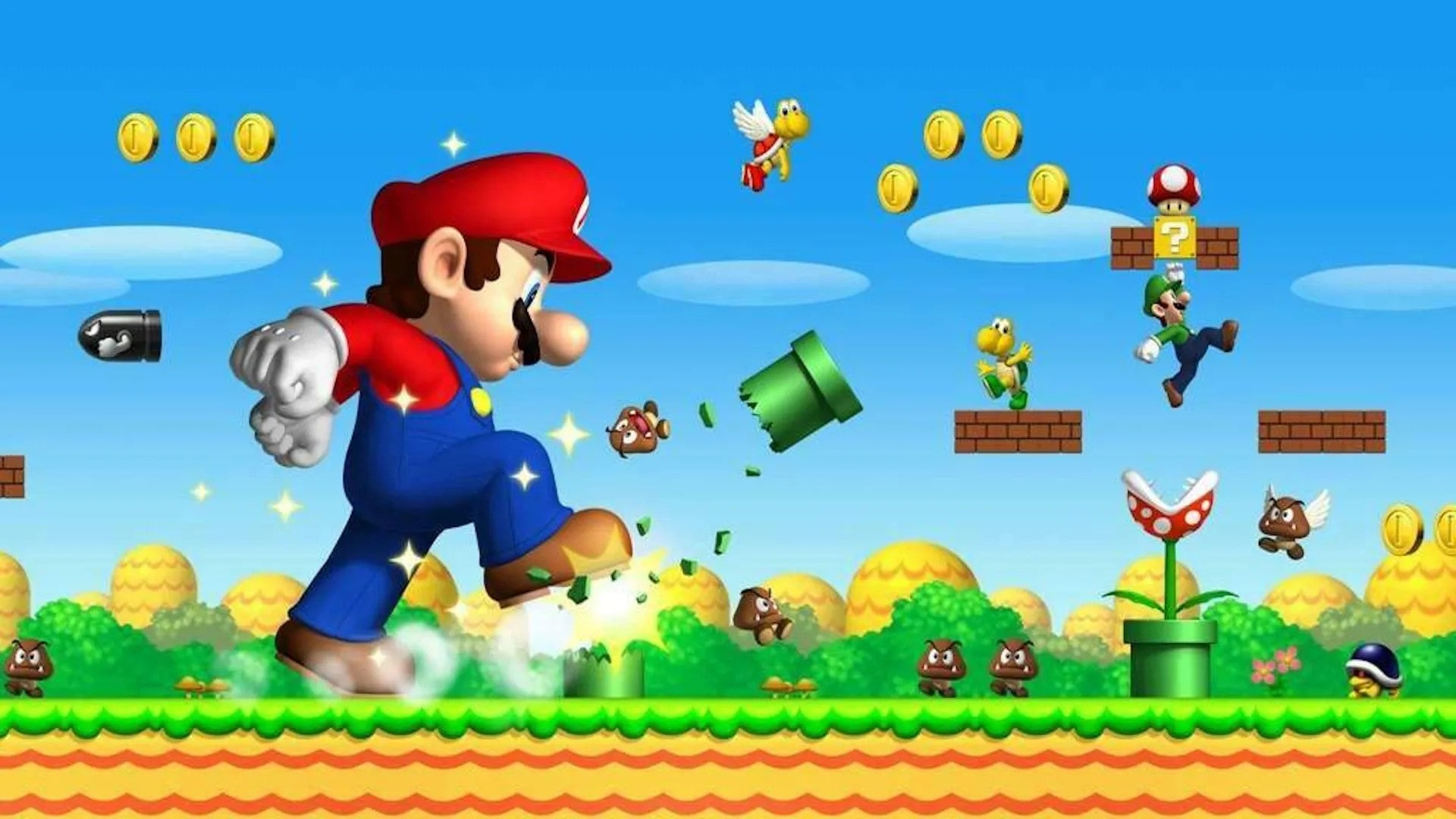 Mario powered up with a Mega Mushroom, towering over the environment