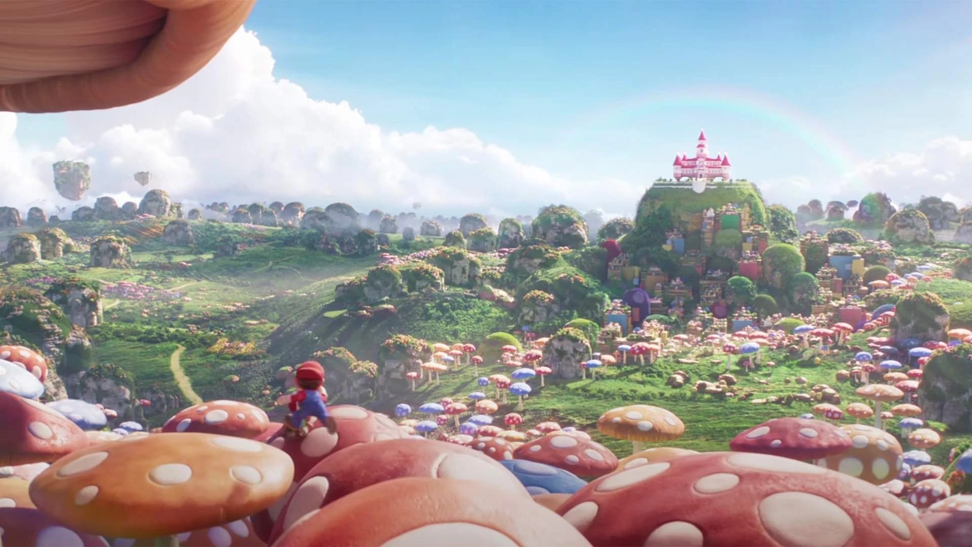 The vibrant Mushroom Kingdom with colorful landscapes and castles