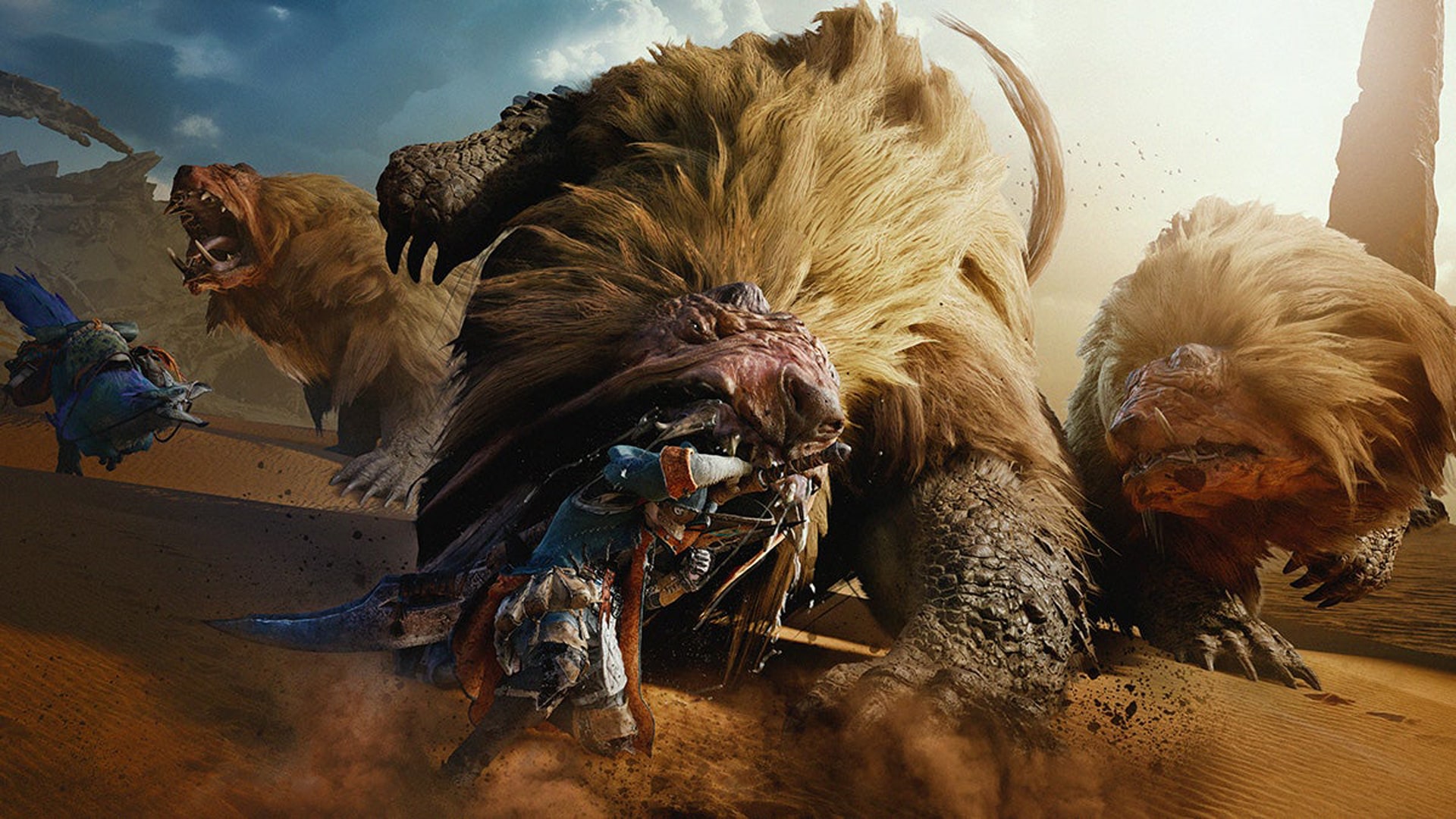 Official promotional image for Monster Hunter Wilds, showing a dramatic landscape with fierce monsters