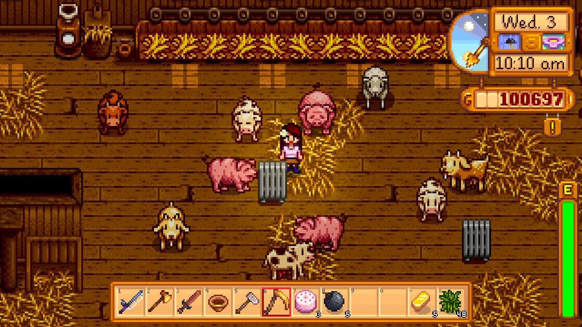 A lively farm scene in Stardew Valley, featuring happy animals and farming activities.