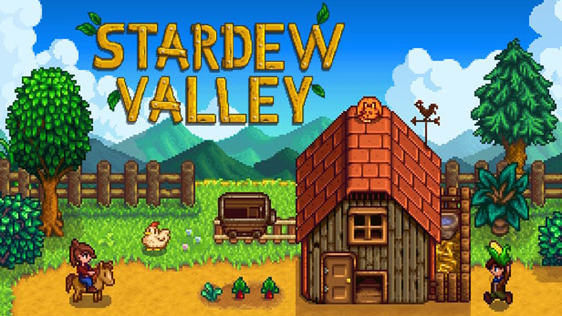 Stardew Valley logo with colorful pixel art background