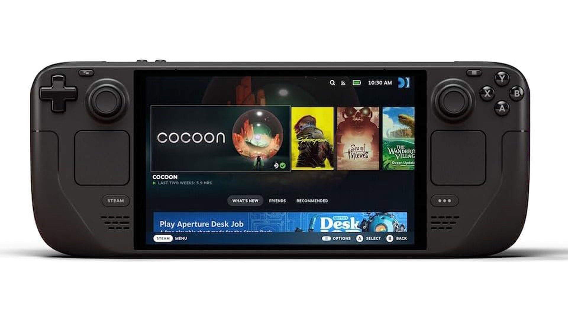 Steam Deck OLED model showcasing the device's screen and controls