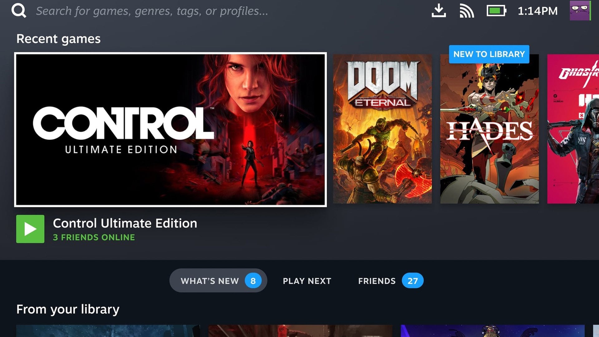SteamOS 3 user interface showcasing the gaming dashboard