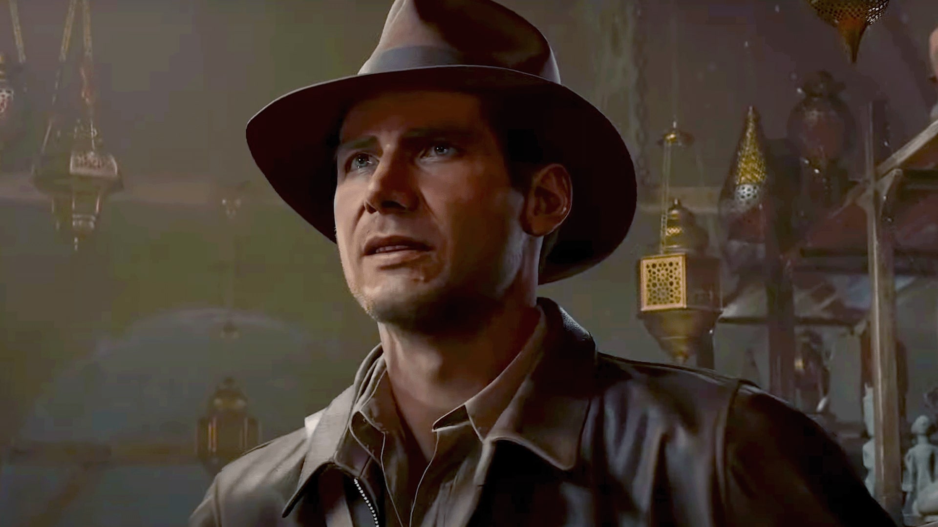 Cover art for Indiana Jones and the Great Circle game, showing Indiana Jones in an adventurous pose with iconic settings in the background.